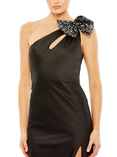 Black Sequined Bow Detail One Shoulder Trumpet Gown