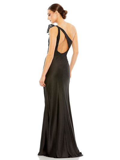 Black Sequined Bow Detail One Shoulder Trumpet Gown