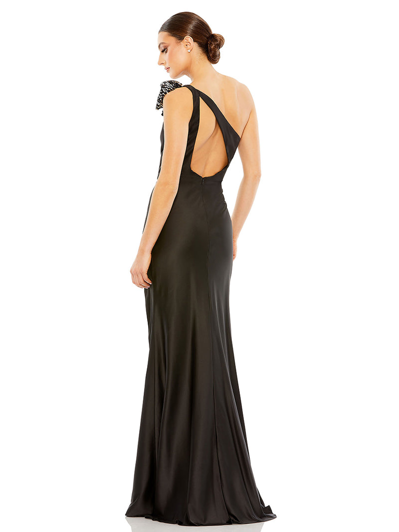 Black Sequined Bow Detail One Shoulder Trumpet Gown