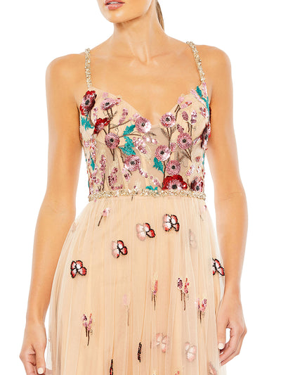 Beige Embellished Floral Detail A Line Gown