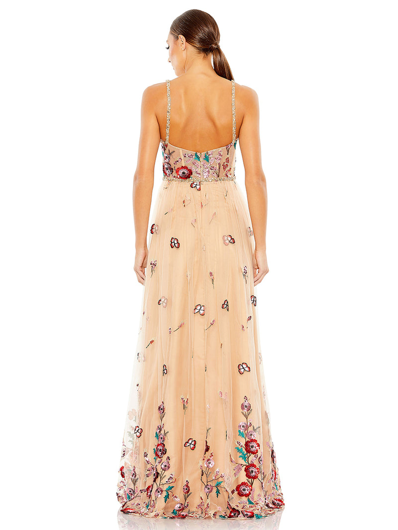 Beige Embellished Floral Detail A Line Gown