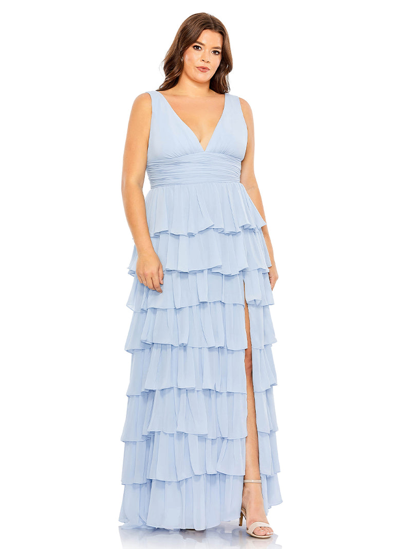 Ruffle Tiered Sleeveless V Neck Gown (plus)