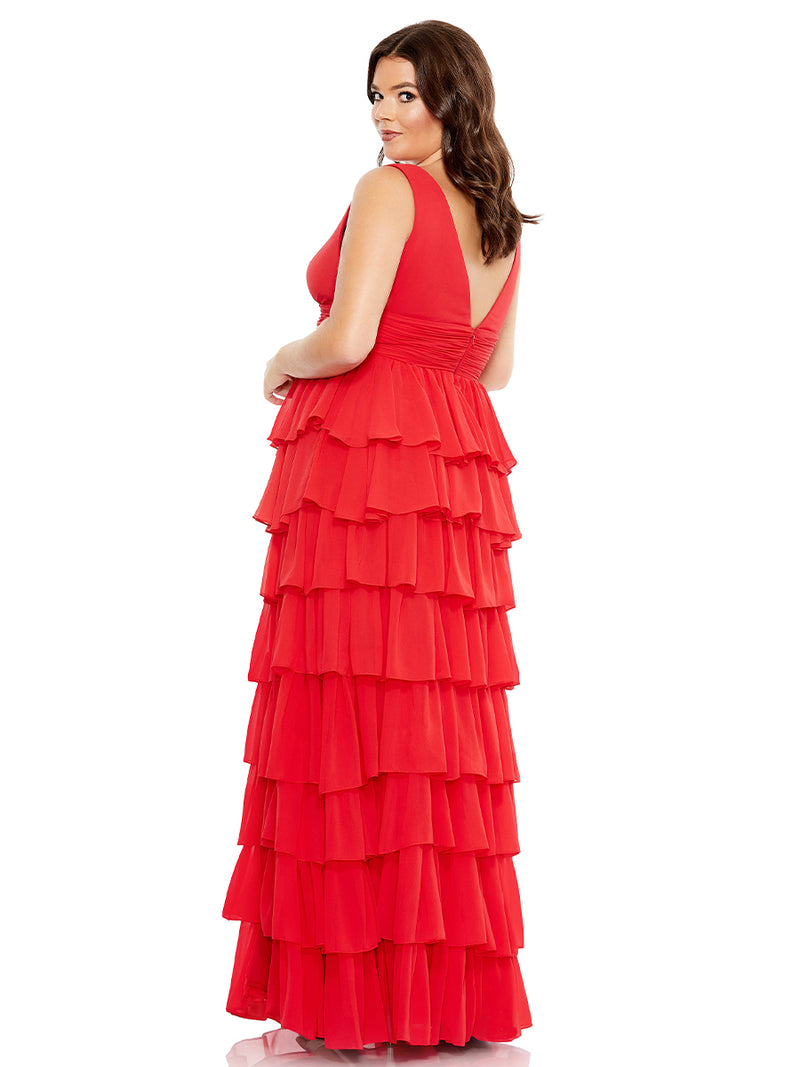 Ruffle Tiered Sleeveless V Neck Gown (plus)