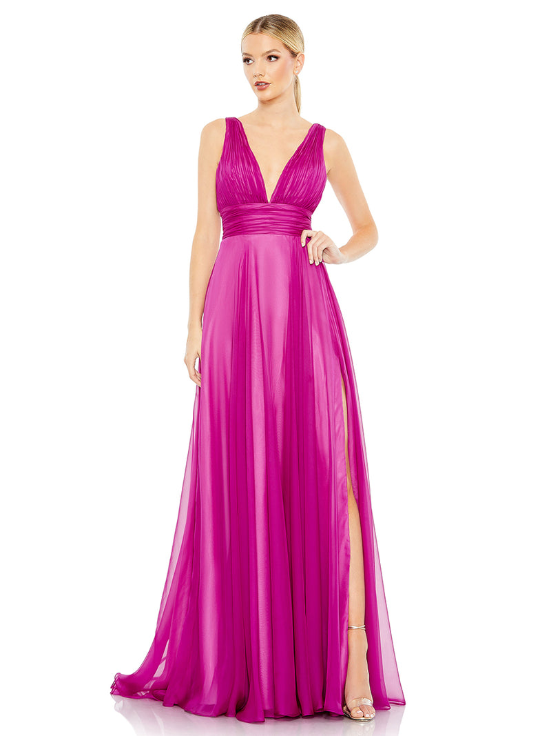 Purple Draped Sleeveless V Neck Flowy Gown