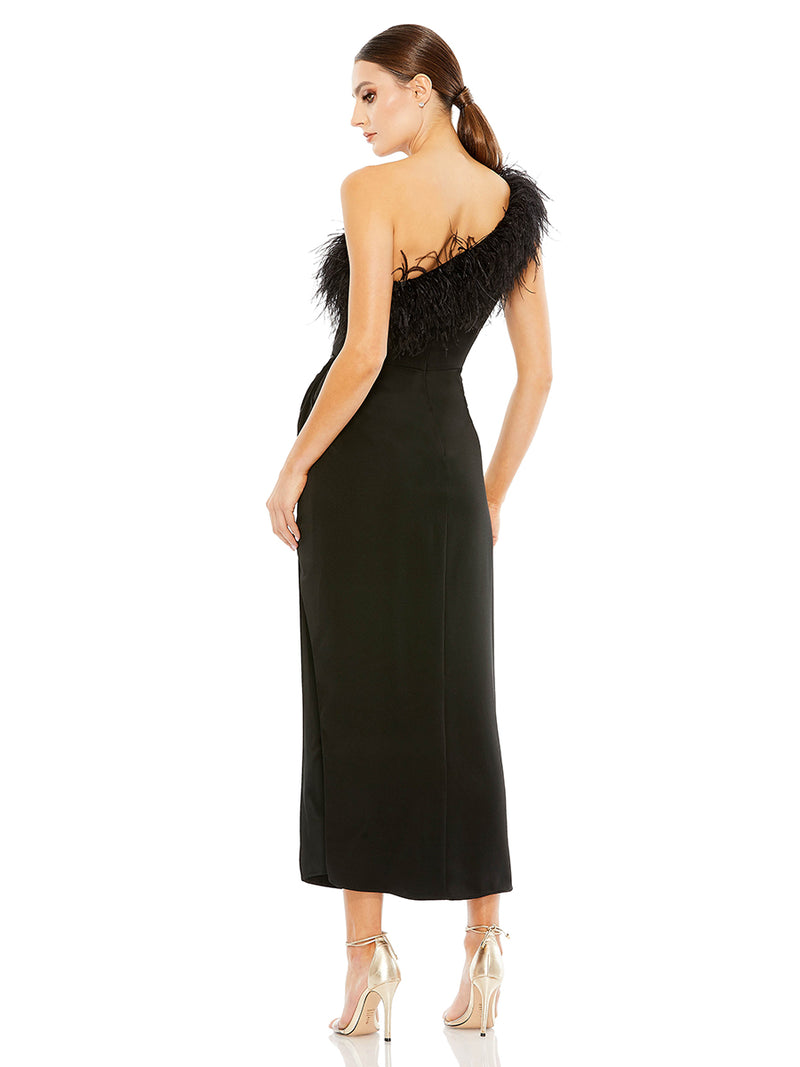 Feather Trim One Shoulder Draped Dress