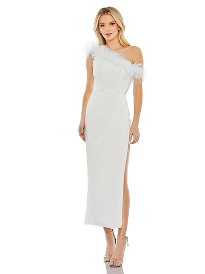 Feather Trim One Shoulder Draped Dress