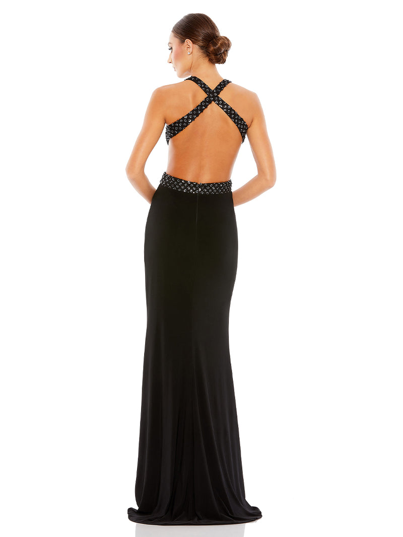 Black Floral Sequined Criss Cross Bodice Gown