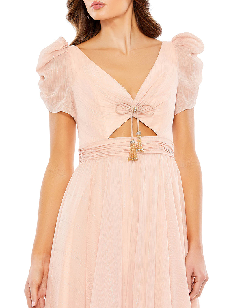 ruffle tiered metallic ruched shoulder dress Home
