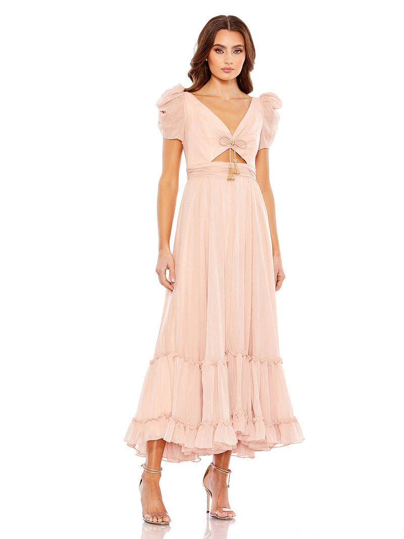 Ruffle Tiered Metallic Ruched Shoulder Dress