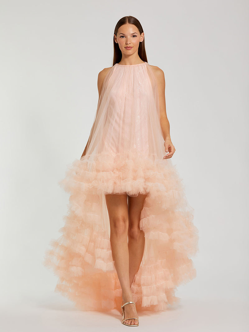 Tulle High Neck Sleeveless Ruffled Hem Hi-Low Gown