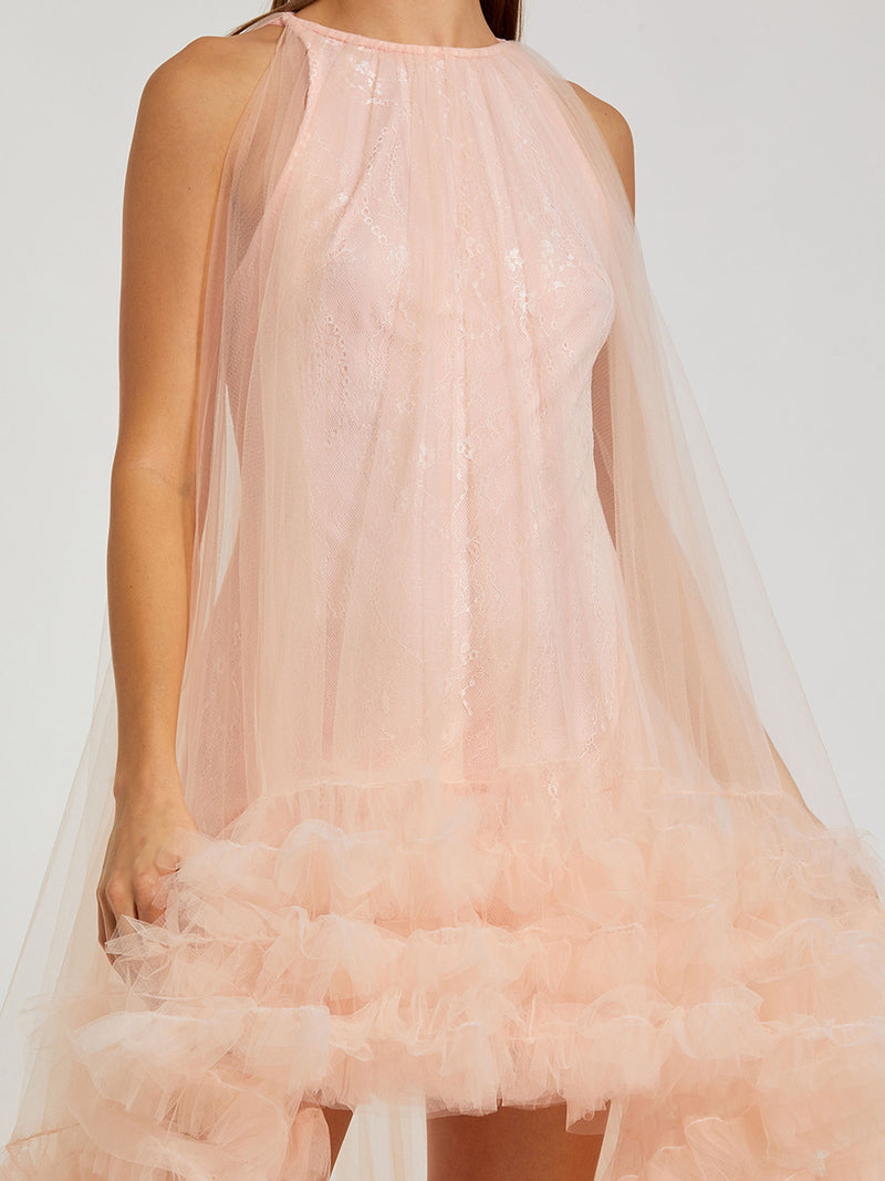 Tulle High Neck Sleeveless Ruffled Hem Hi-Low Gown