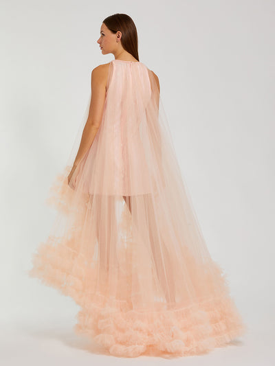 Tulle High Neck Sleeveless Ruffled Hem Hi-Low Gown