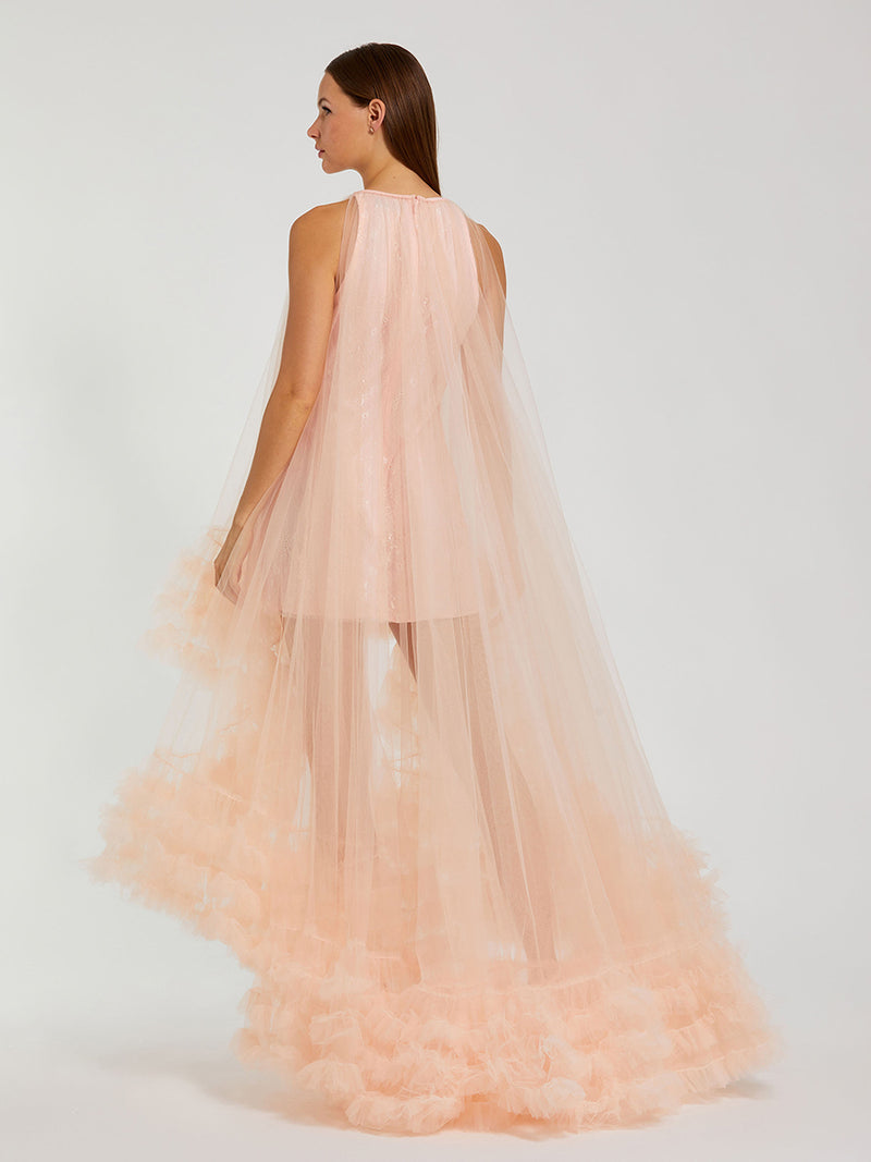 Tulle High Neck Sleeveless Ruffled Hem Hi-Low Gown