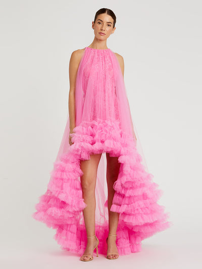 Tulle High Neck Sleeveless Ruffled Hem Hi-Low Gown