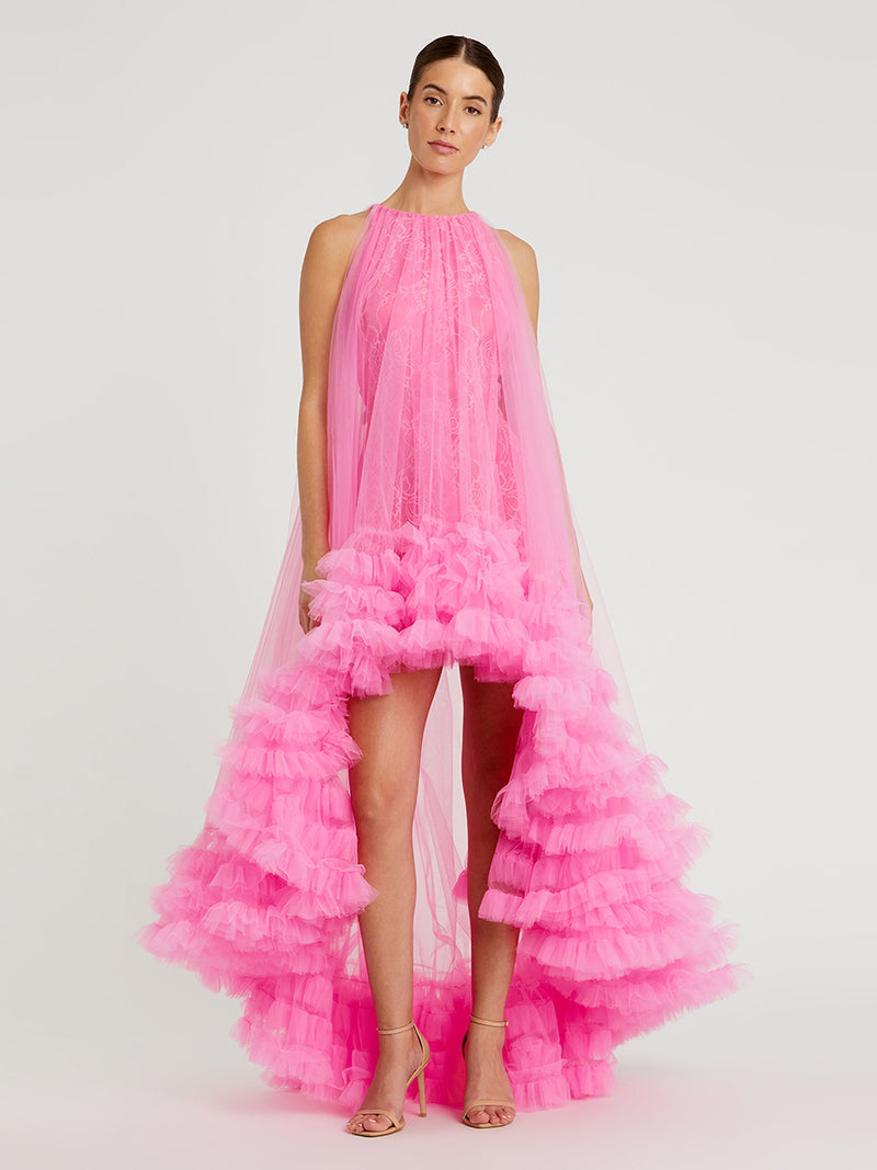 Tulle High Neck Sleeveless Ruffled Hem Hi-Low Gown