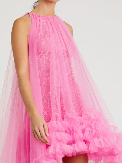 Tulle High Neck Sleeveless Ruffled Hem Hi-Low Gown