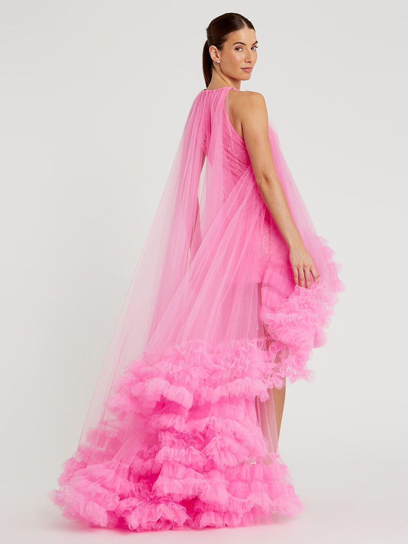 Tulle High Neck Sleeveless Ruffled Hem Hi-Low Gown