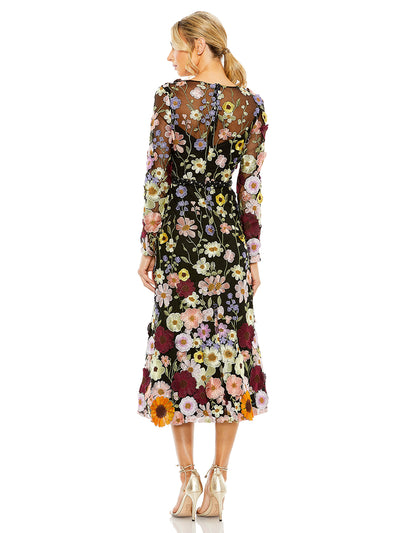 High Neck Floral Embroidered A-line Dress