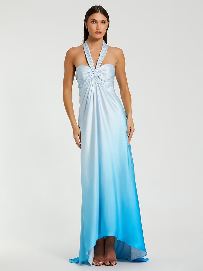 Blue Charmeuse Tie Halter Neck Ombre Gown