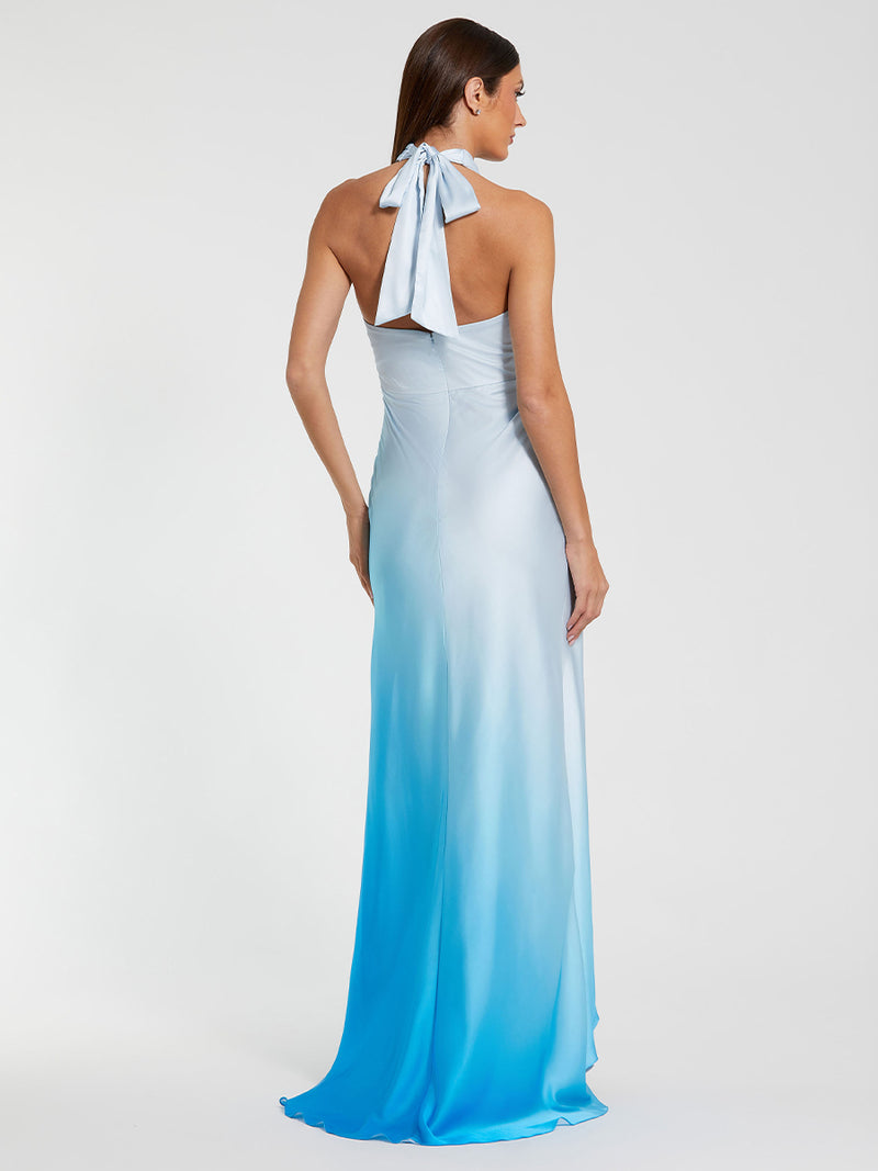 Blue Charmeuse Tie Halter Neck Ombre Gown