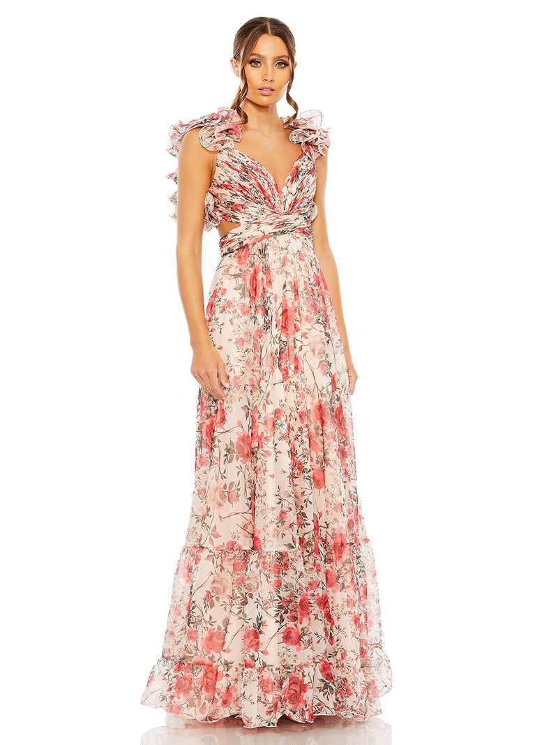 Pink Ruffle Tiered Floral Cut-Out Chiffon Gown