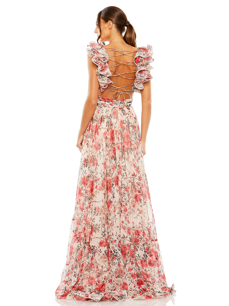Pink Ruffle Tiered Floral Cut-Out Chiffon Gown