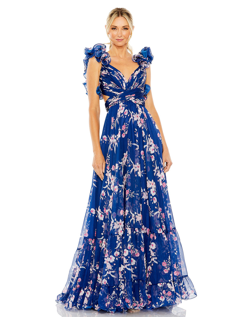Blue Ruffle Tiered Floral Cut-Out Chiffon Gown