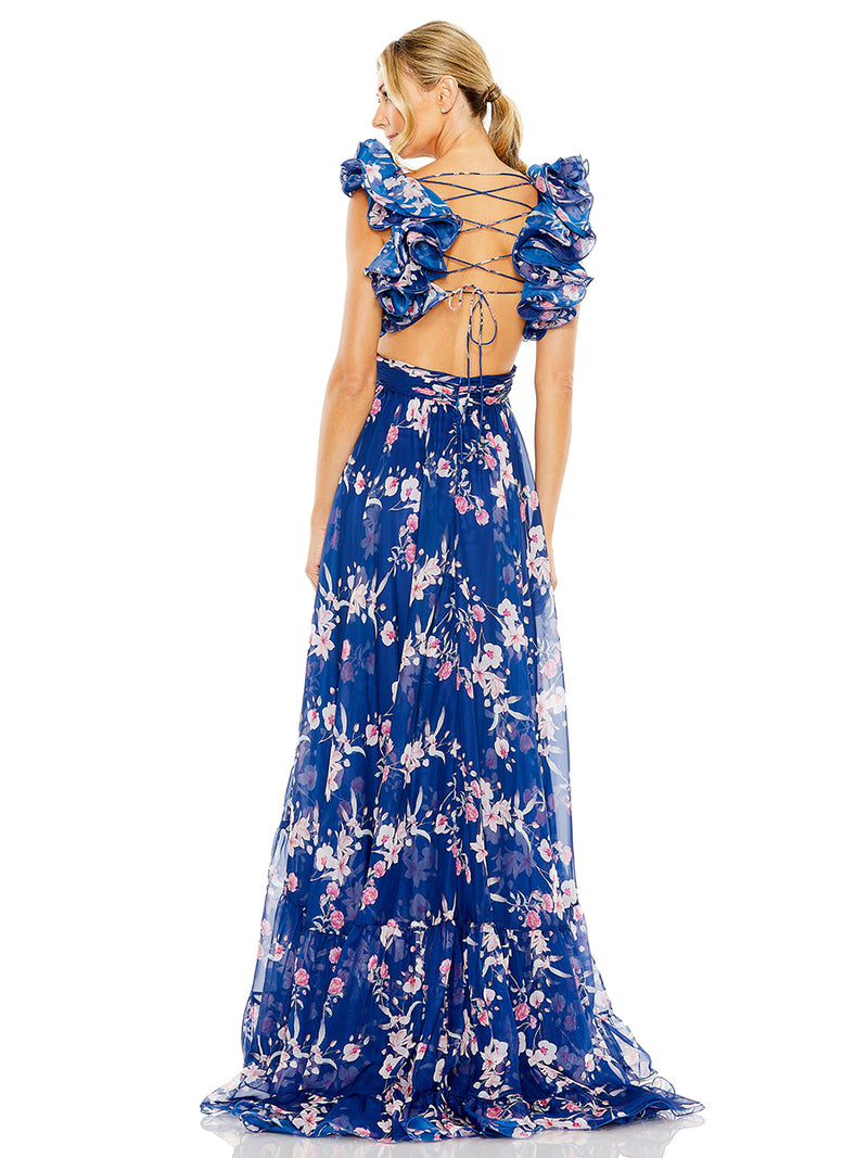 Blue Ruffle Tiered Floral Cut-Out Chiffon Gown