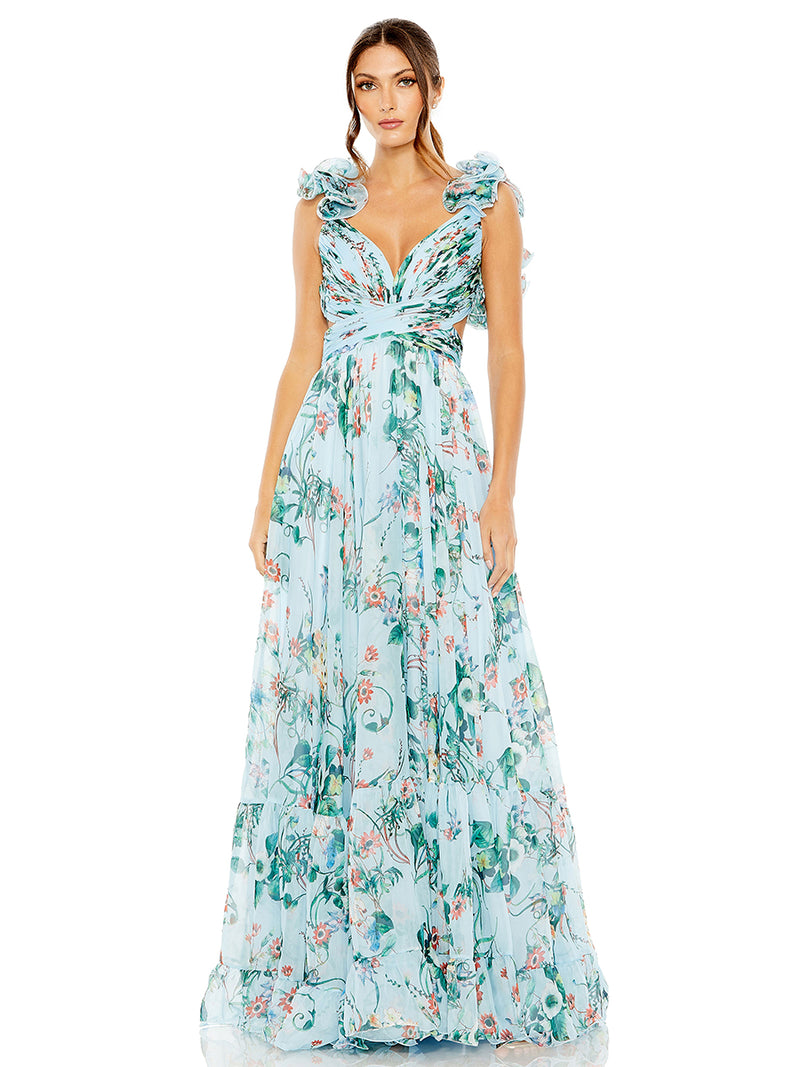 Blue Chiffon V-Neck Sleeveless Cut-Out Lace Up Back Gown