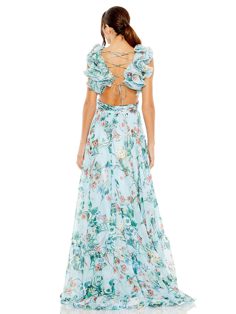 Blue Chiffon V-Neck Sleeveless Cut-Out Lace Up Back Gown
