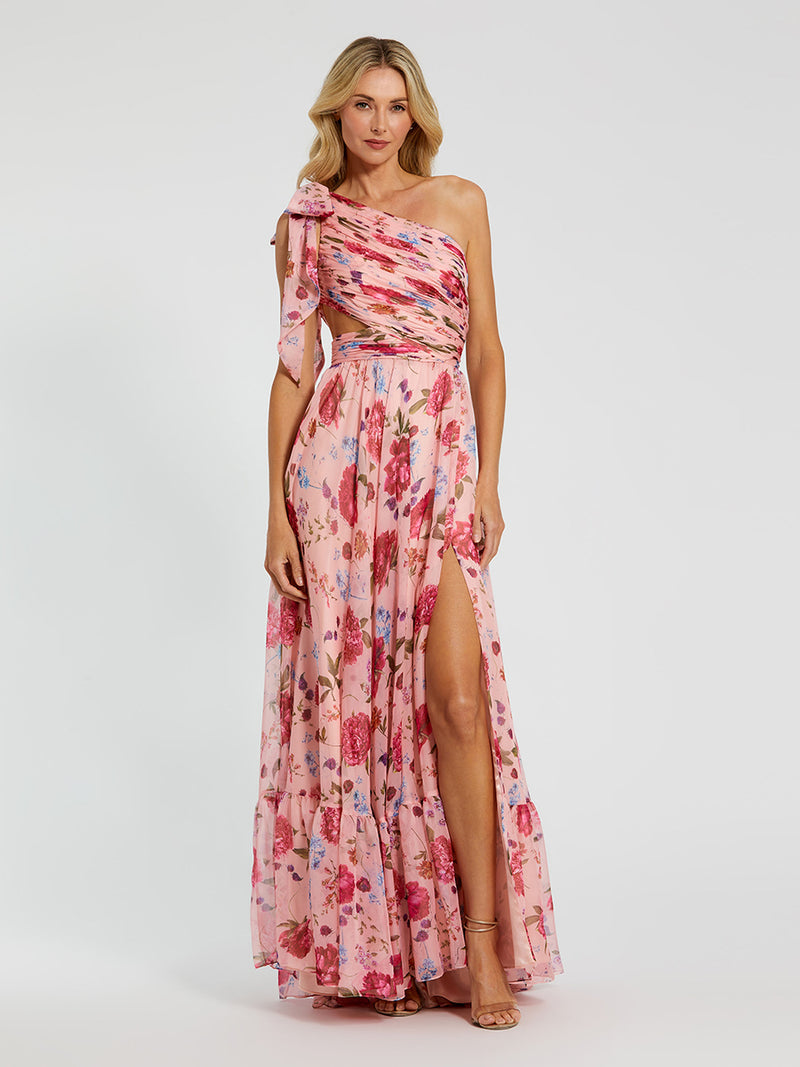 Pink Side Cut Out One Shoulder Gown