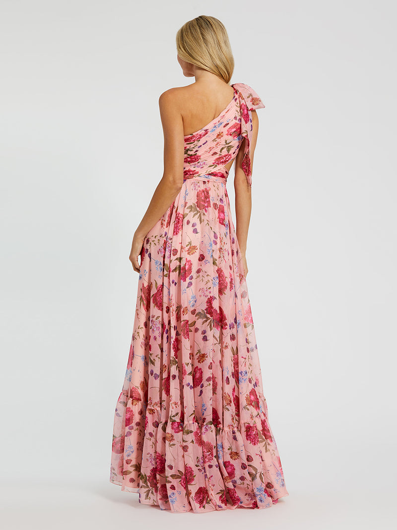 Pink Side Cut Out One Shoulder Gown