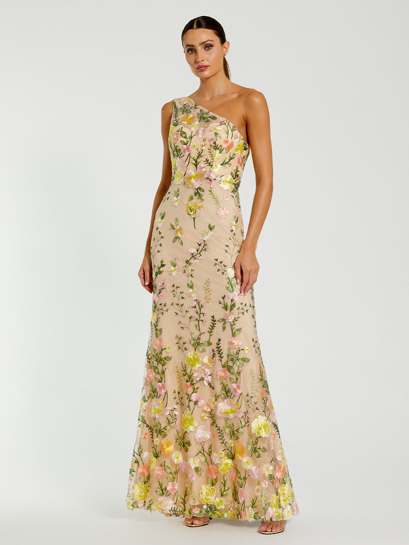Beige One Shoulder Floral Embroidered Gown