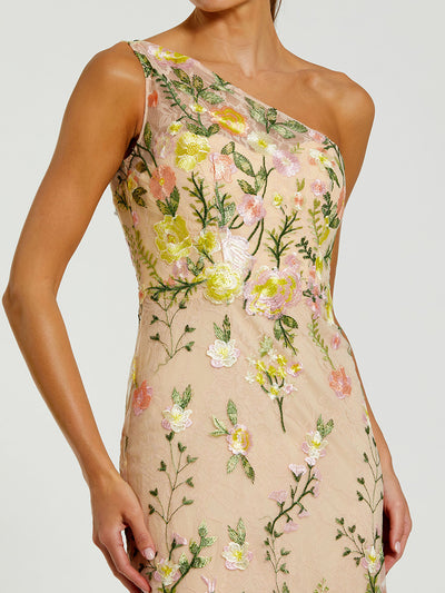 Beige One Shoulder Floral Embroidered Gown