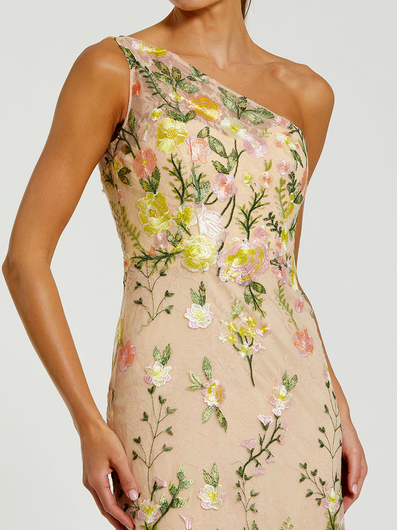 Beige One Shoulder Floral Embroidered Gown