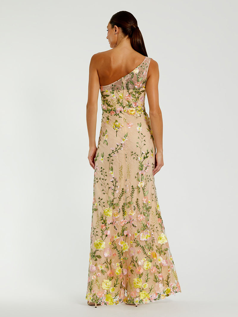 Beige One Shoulder Floral Embroidered Gown
