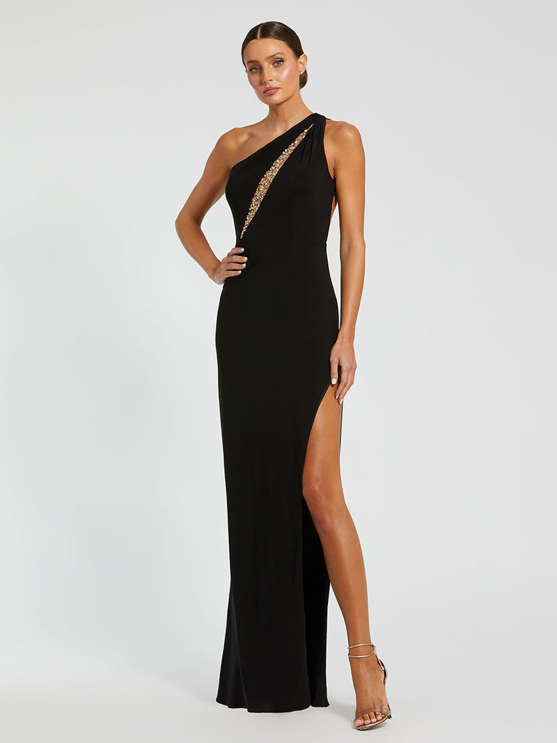 Black One Shoulder Gown with Sheer Embellished Cut Out