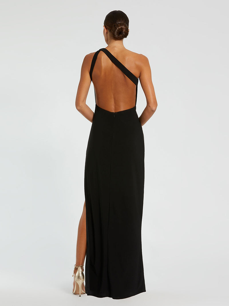 Black One Shoulder Gown with Sheer Embellished Cut Out