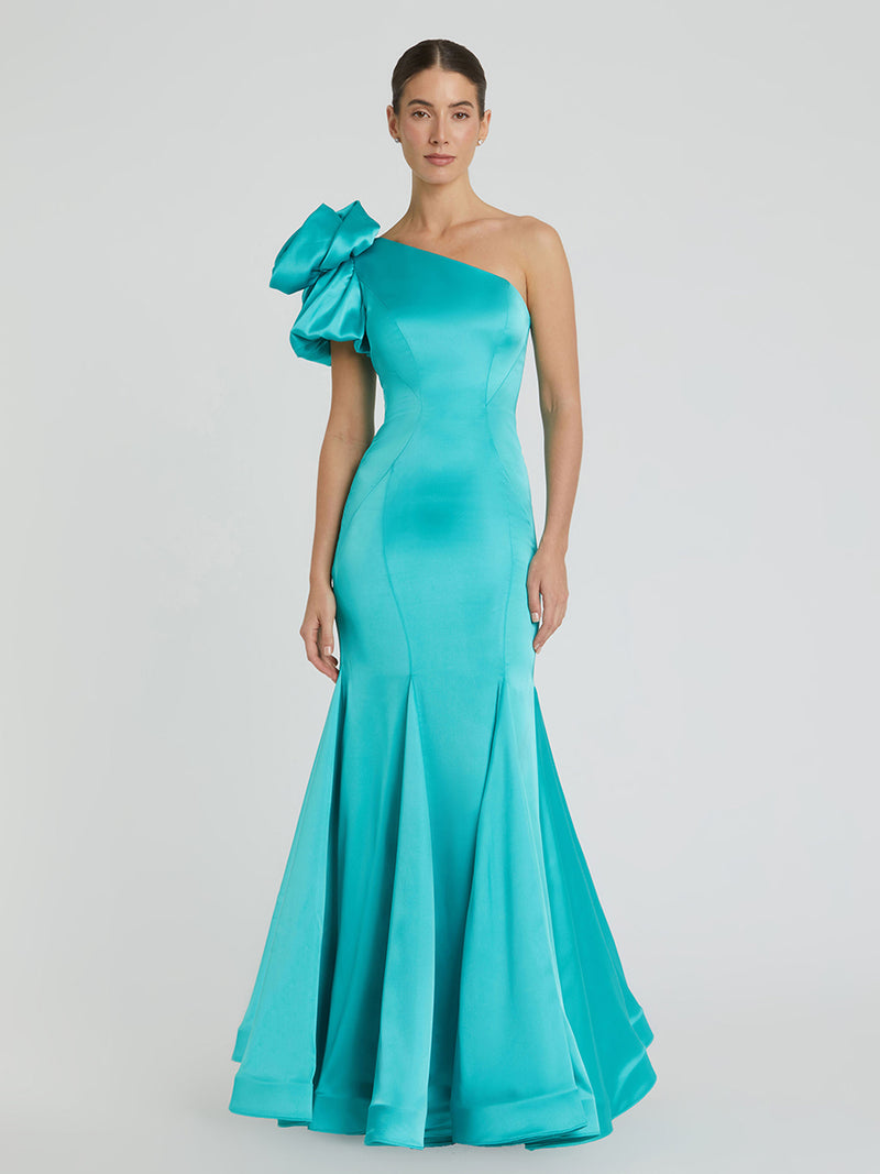 Green One Shoulder Bustier Satin Mermaid Gown