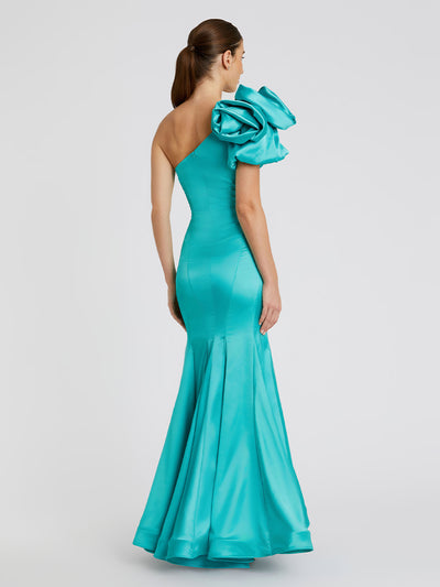 Green One Shoulder Bustier Satin Mermaid Gown