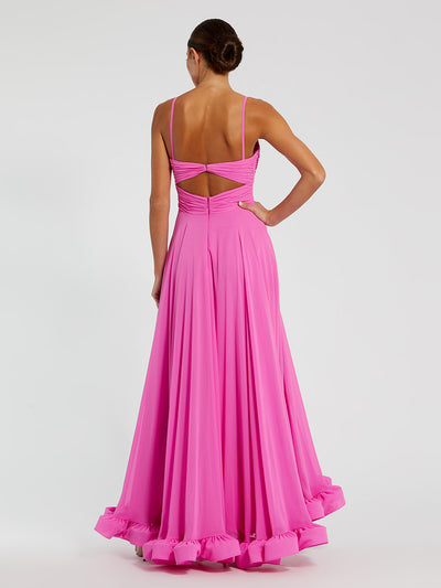 Pink Spaghetti Strap Chiffon Sweetheart High Low Gown