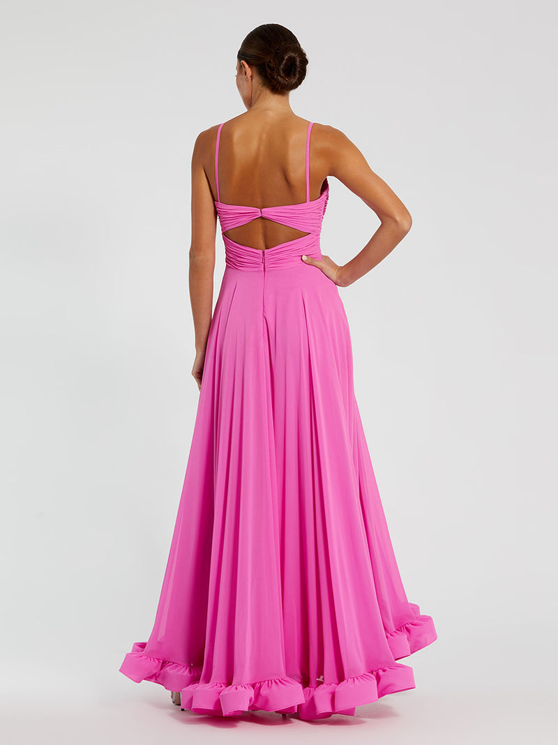 Pink Spaghetti Strap Chiffon Sweetheart High Low Gown