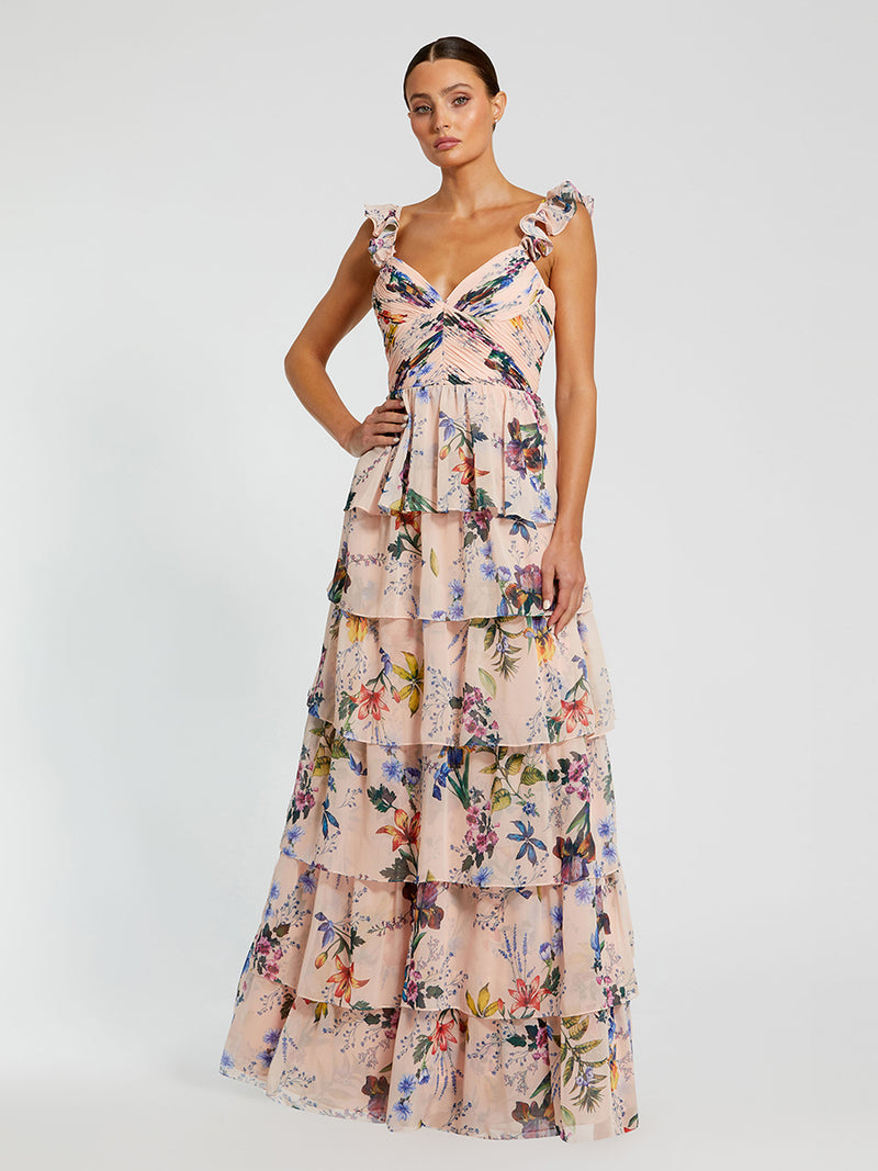 Pink Ruffle Sleeveless Chiffon Tiered Floral Print Gown