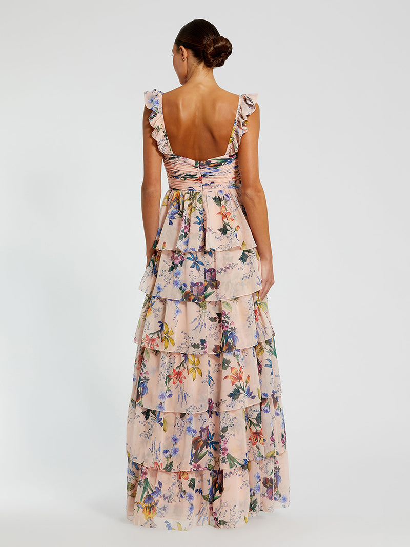 Pink Ruffle Sleeveless Chiffon Tiered Floral Print Gown