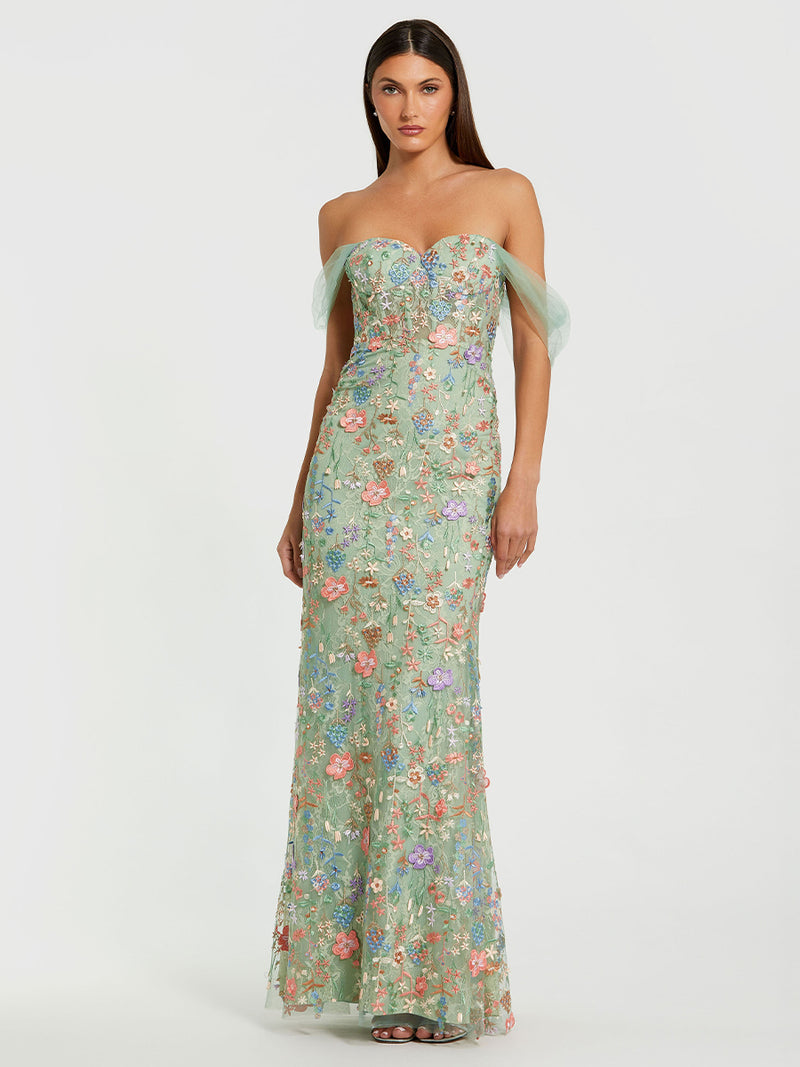Green Off-the-Shoulder Bustier Floral Column Gown