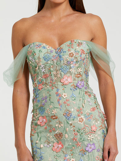 Green Off-the-Shoulder Bustier Floral Column Gown