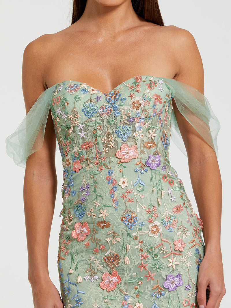 Green Off-the-Shoulder Bustier Floral Column Gown