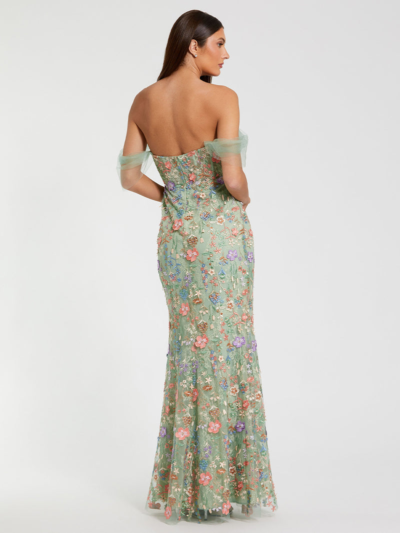 Green Off-the-Shoulder Bustier Floral Column Gown