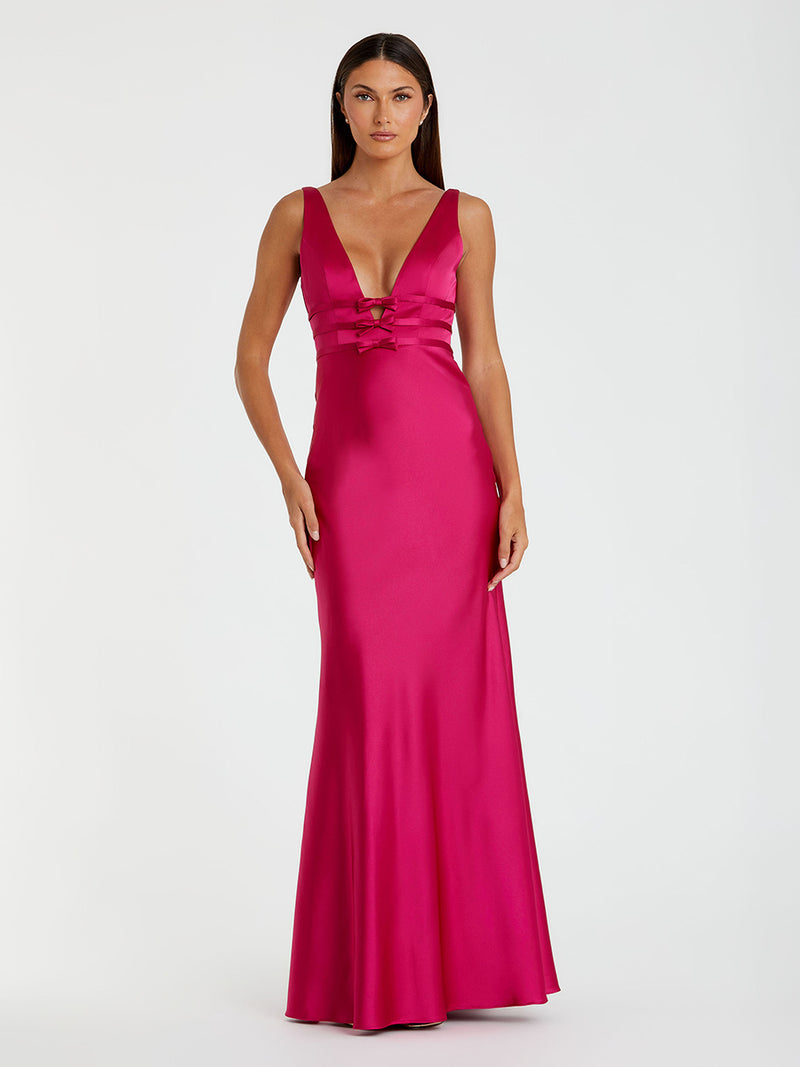 Hot Pink Sleeveless V Neck Satin Gown With Bow Details