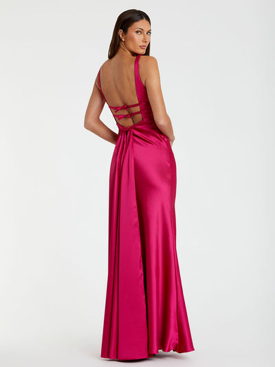 Hot Pink Sleeveless V Neck Satin Gown With Bow Details